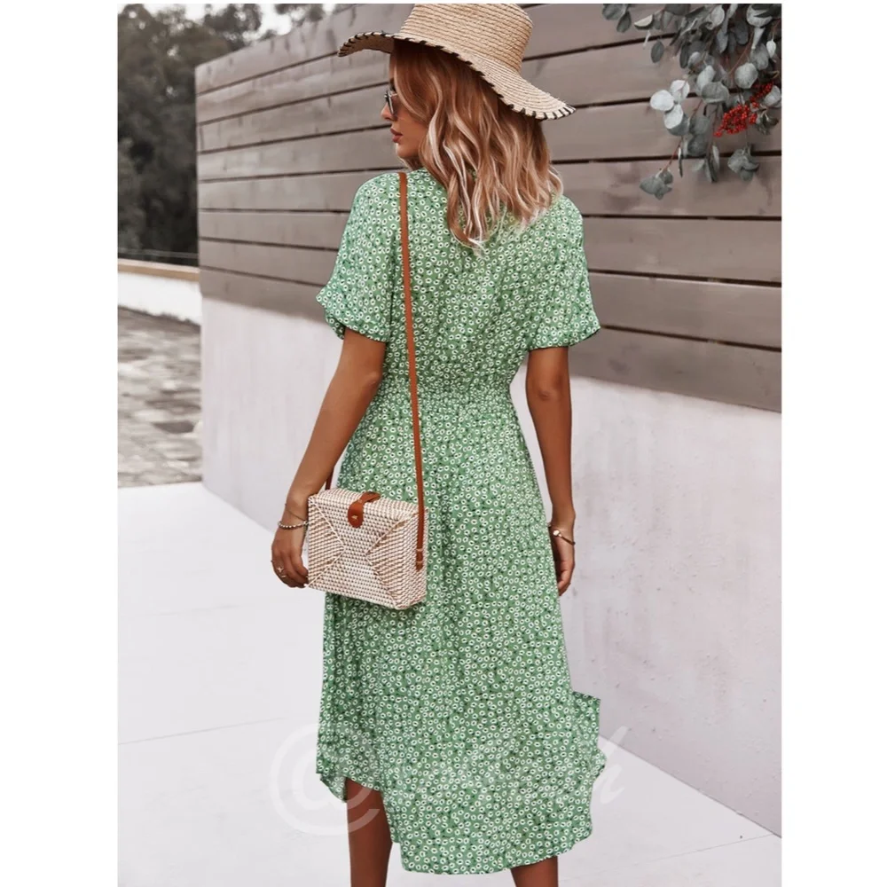 Green Floral Print Midi Dress Button Front V-Neck - Picture 2 of 16